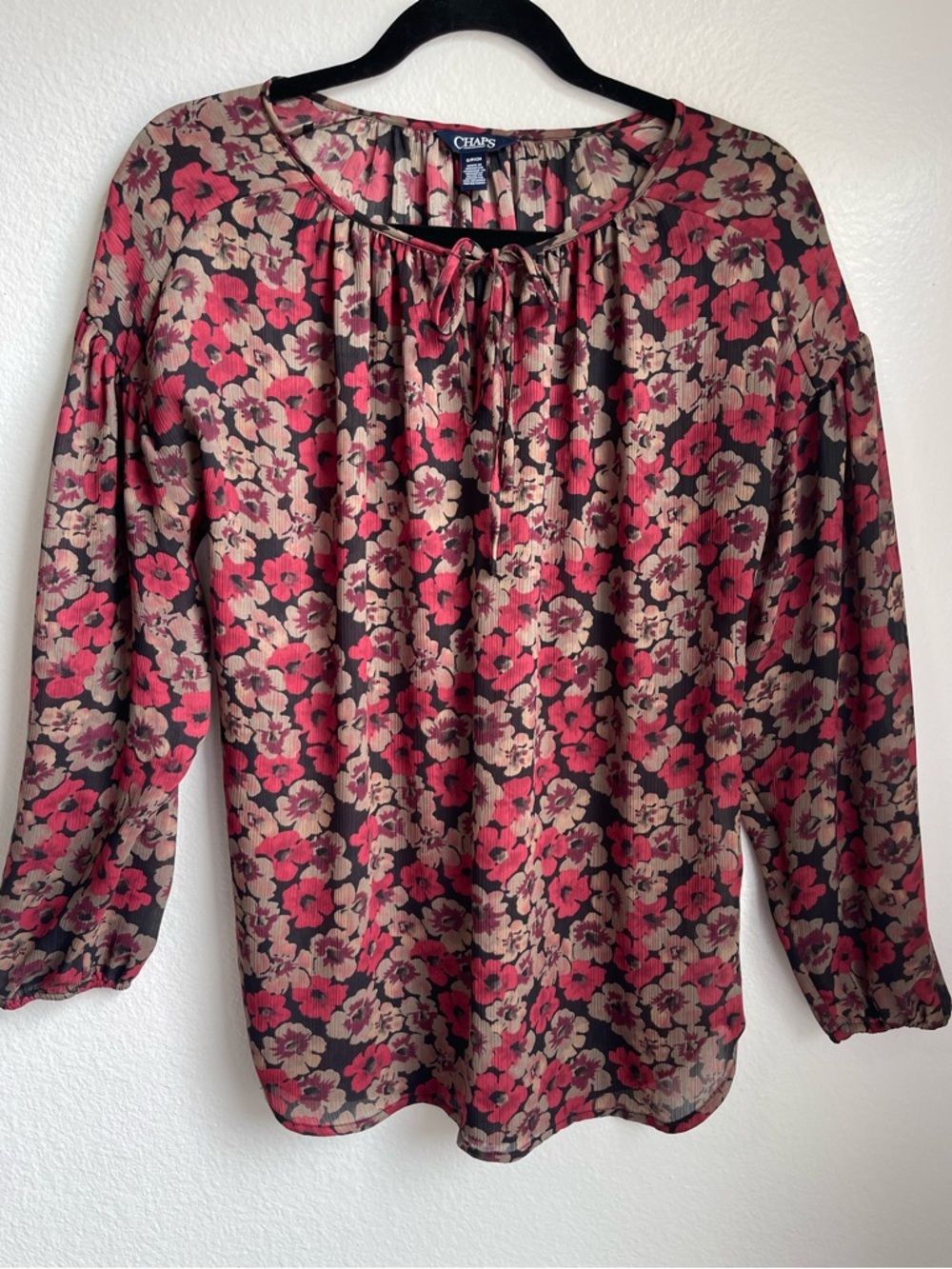 Chaps Black Floral Blouse with Pink and Cream Flowers Size S‎